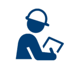 A blue icon of a person with hard hat on.